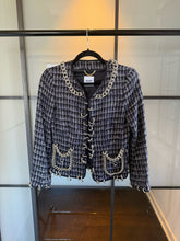 Load image into Gallery viewer, Moschino Navy & White Houndstooth Silver Chain Link Jacket
