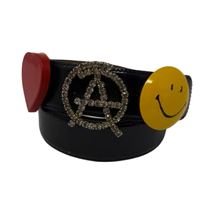 Moschino Black Leather Anarchy Smiley Face Heart Peace Sign Belt