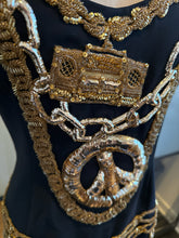 Load image into Gallery viewer, Moschino Size 6 Black &amp; Gold Embroidered Boom Box Peace Sign Dress
