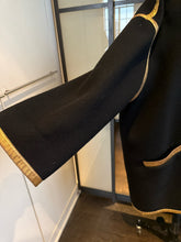 Load image into Gallery viewer, Donna Karan Black Wool Gold Leather Trim Coat Vintge

