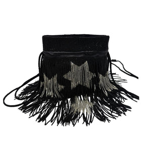 Saint Laurent Black & Silver Beaded Star Fringe Bucket Evening Bag
