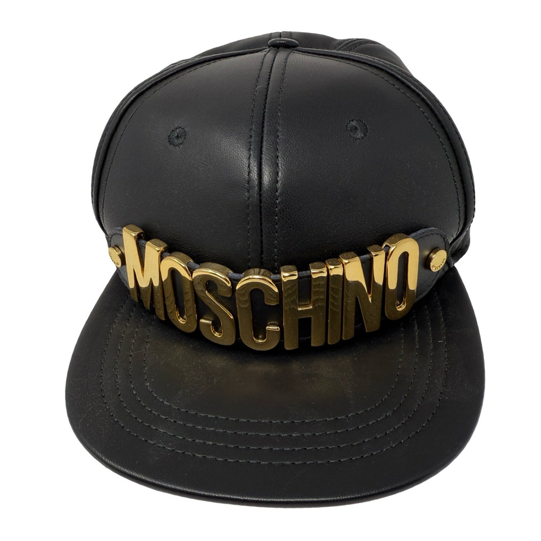 Moschino Gold Logo Black Leather Baseball Cap