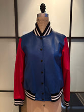 Load image into Gallery viewer, Barney's x Lisa Perry Size 4 Blue &amp; Red Leather Bomber Jacket
