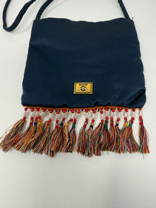 Moschino Navy Satin Beaded Button Crossbody Bag