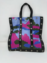 Load image into Gallery viewer, Moschino Blue Pink Black Camo Print Leather Tote Bag

