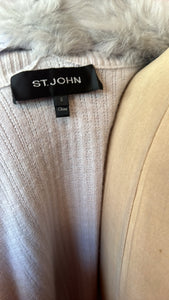 St. John Size S Gray Cashmere Blend Fur Trim Cardigan Sweater