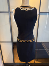 Load image into Gallery viewer, Moschino Size 6 Black &amp; Gold Embroidered Boom Box Peace Sign Dress
