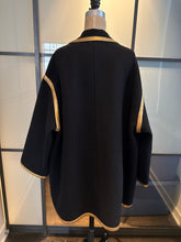 Load image into Gallery viewer, Donna Karan Black Wool Gold Leather Trim Coat Vintge
