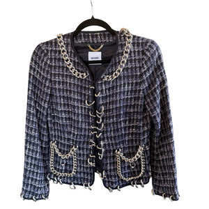 Moschino Navy & White Houndstooth Silver Chain Link Jacket