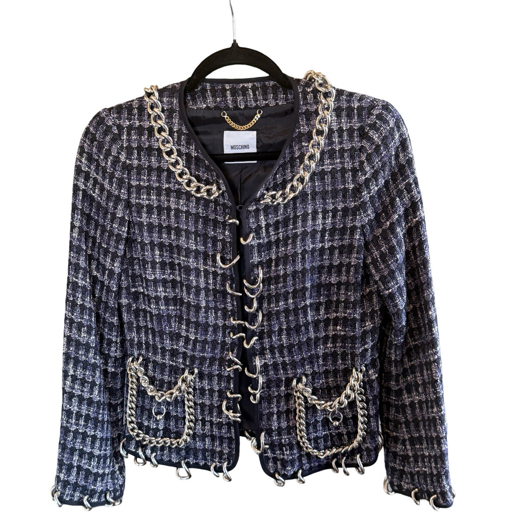 Moschino Navy & White Houndstooth Silver Chain Link Jacket