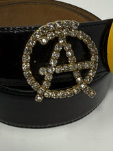 Load image into Gallery viewer, Moschino Black Leather Anarchy Smiley Face Heart Peace Sign Belt
