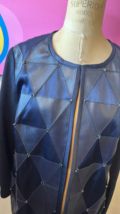 St. John Navy Leather & Knit Diamond Pattern Coat