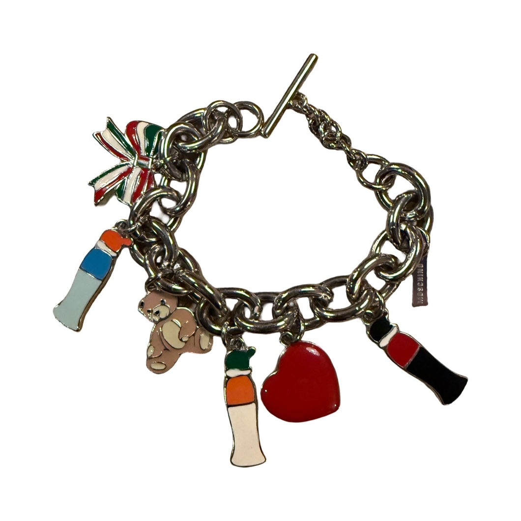 Moschino Silver Tone Charm Bracelet With Heart Bear Perfume Bottles
