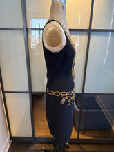 Load image into Gallery viewer, Moschino Size 6 Black &amp; Gold Embroidered Boom Box Peace Sign Dress
