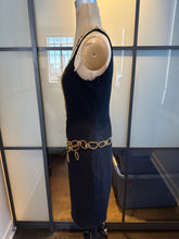 Load image into Gallery viewer, Moschino Size 6 Black &amp; Gold Embroidered Boom Box Peace Sign Dress
