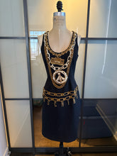 Load image into Gallery viewer, Moschino Size 6 Black &amp; Gold Embroidered Boom Box Peace Sign Dress
