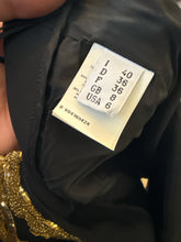 Load image into Gallery viewer, Moschino Size 6 Black &amp; Gold Embroidered Boom Box Peace Sign Dress
