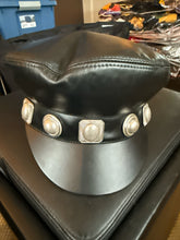 Load image into Gallery viewer, AREA Black Leather Porter Hat Silver Studs Size L/XL
