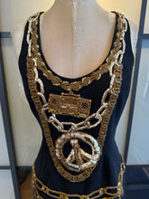 Load image into Gallery viewer, Moschino Size 6 Black &amp; Gold Embroidered Boom Box Peace Sign Dress
