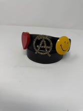 Load image into Gallery viewer, Moschino Black Leather Anarchy Smiley Face Heart Peace Sign Belt

