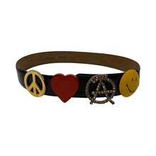 Load image into Gallery viewer, Moschino Black Leather Anarchy Smiley Face Heart Peace Sign Belt
