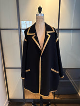Load image into Gallery viewer, Donna Karan Black Wool Gold Leather Trim Coat Vintge
