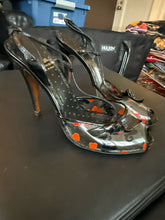 Load image into Gallery viewer, Moschino 38 1/2 Black &amp; Red PVC &amp; Leather Trim Heart Slingbacks Heels Shoes

