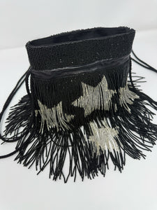 Saint Laurent Black & Silver Beaded Star Fringe Bucket Evening Bag