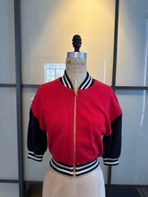 Load image into Gallery viewer, Moschino Size 6 Red &amp; Black Wool Knit Cropped Bomber Jacket
