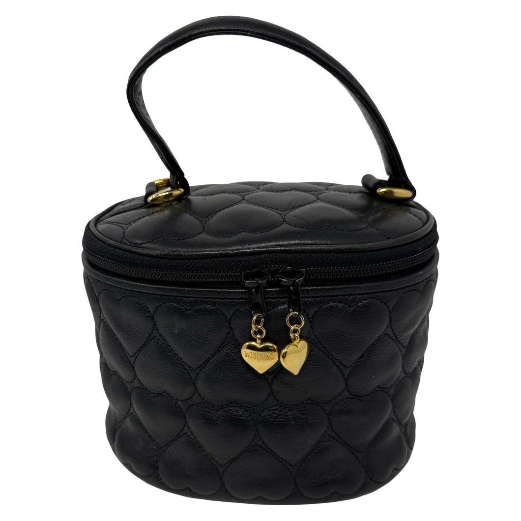Moschino Black Leather Oval Quilted Heart Vanity Bag