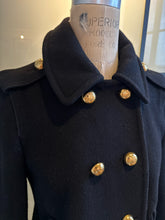 Load image into Gallery viewer, Moschino Black Wool Taffeta Ruffle Pea Coat
