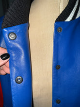 Load image into Gallery viewer, Barney's x Lisa Perry Size 4 Blue &amp; Red Leather Bomber Jacket
