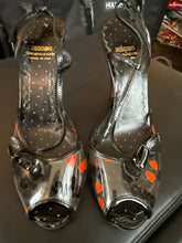 Load image into Gallery viewer, Moschino 38 1/2 Black &amp; Red PVC &amp; Leather Trim Heart Slingbacks Heels Shoes
