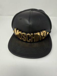 Moschino Gold Logo Black Leather Baseball Cap