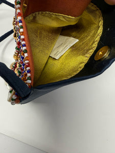 Moschino Navy Satin Beaded Button Crossbody Bag