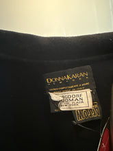 Load image into Gallery viewer, Donna Karan Black Wool Gold Leather Trim Coat Vintge
