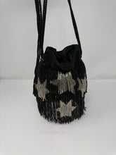 Load image into Gallery viewer, Saint Laurent Black &amp; Silver Beaded Star Fringe Bucket Evening Bag

