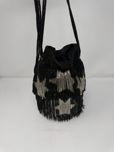 Saint Laurent Black & Silver Beaded Star Fringe Bucket Evening Bag