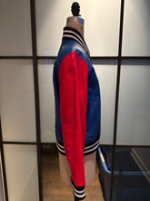 Load image into Gallery viewer, Barney's x Lisa Perry Size 4 Blue &amp; Red Leather Bomber Jacket
