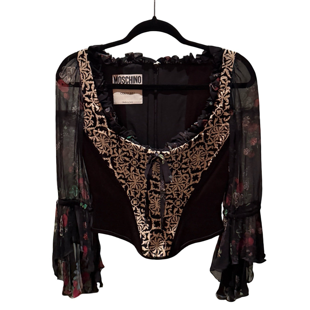 Moschino Couture Black Floral Corset With Floral Sleeves