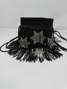 Saint Laurent Black & Silver Beaded Star Fringe Bucket Evening Bag