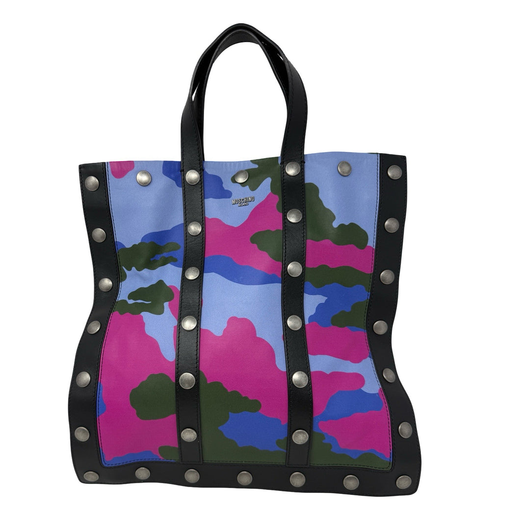 Moschino Blue Pink Black Camo Print Leather Tote Bag