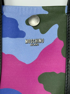 Moschino Blue Pink Black Camo Print Leather Tote Bag