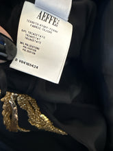 Load image into Gallery viewer, Moschino Size 6 Black &amp; Gold Embroidered Boom Box Peace Sign Dress

