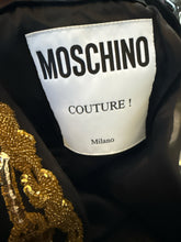 Load image into Gallery viewer, Moschino Size 6 Black &amp; Gold Embroidered Boom Box Peace Sign Dress
