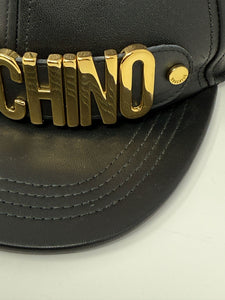 Moschino Gold Logo Black Leather Baseball Cap