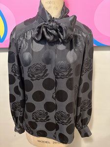 Givenchy Gray & Black Silk Floral Long Sleeve Blouse