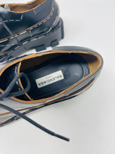 Load image into Gallery viewer, Balenciaga 37 1/2 Black Leather Silver Staple Derby Shoes
