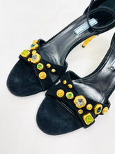 Load image into Gallery viewer, Prada 39 Black Suede Gold Rhinestone Ankle Strap Sandals
