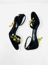 Load image into Gallery viewer, Prada 39 Black Suede Gold Rhinestone Ankle Strap Sandals
